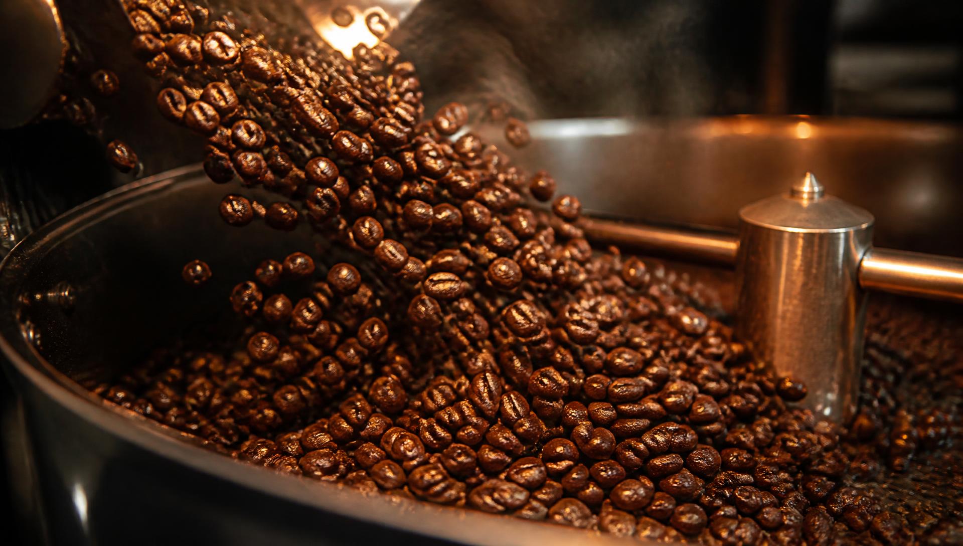 Roasted coffee beans tumbling inside a drum roaster