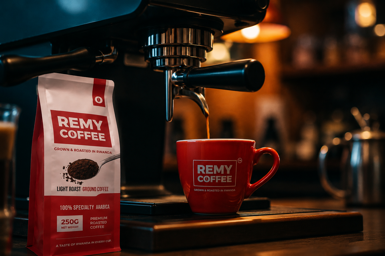 REMY COFFEE bag and cup in a café setting