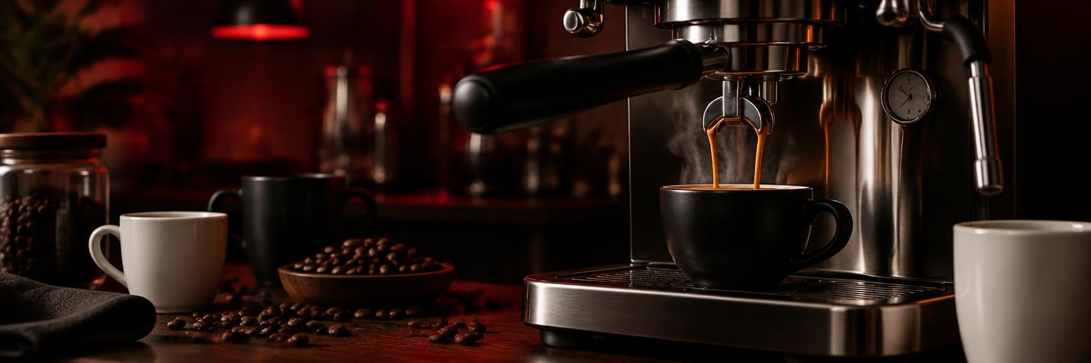 Espresso machine brewing coffee surrounded by mugs